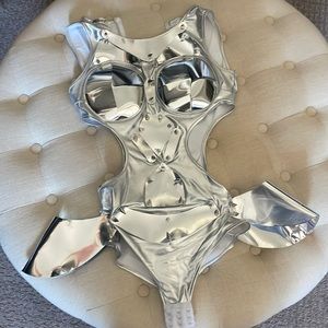 Silver bodysuit costume festival rave